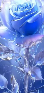 Blue rose with raindrops in elegant design.