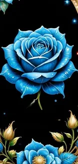 Blue rose with gold frame on elegant background.