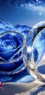 Blue rose with jewelry ring in starry night.
