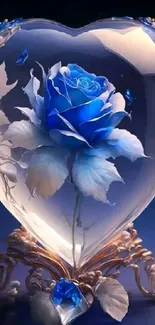 Enchanting blue rose inside a glass heart on elegant wallpaper.