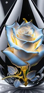 Elegant blue rose inside a glossy droplet on a mobile wallpaper.