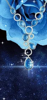 A blue rose with a sparkling necklace on a starry background.