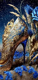 Blue rose and gold stiletto wallpaper art.