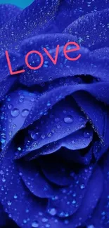 Blue rose with dewdrops and 'Love' text for mobile wallpaper.