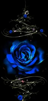 Elegant blue rose on black background with decorative vines.