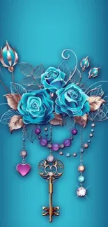 Blue floral wallpaper with roses and key charm.