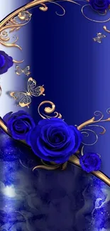 Elegant blue rose wallpaper with gold accents and decorative elements.