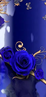 Luxurious wallpaper with blue roses and gold accents for mobile phones.