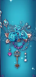 Elegant wallpaper with blue roses and a vintage key.