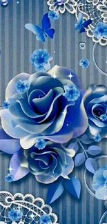 Elegant wallpaper with blue roses, lace, and butterflies.