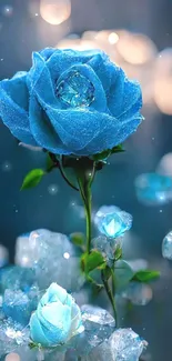 Elegant dewy blue rose with sparkling crystals on a serene background.