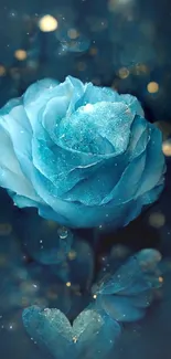 Elegant blue rose with mystical glow on dark background.