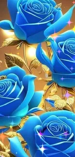 Elegant wallpaper with blue roses and gold leaves for mobile screens.