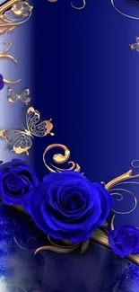 Elegant blue roses with gold swirls wallpaper.