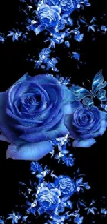 Elegant blue rose wallpaper with butterfly accent.