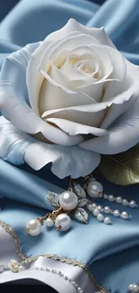 Elegant white rose on blue satin with pearls