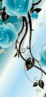 Blue roses with elegant swirls on a stylish mobile wallpaper.