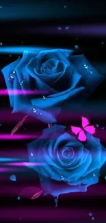 Blue roses and a pink butterfly on a black background.