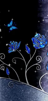 Elegant blue rose with butterflies and metallic swirls on a dark background.