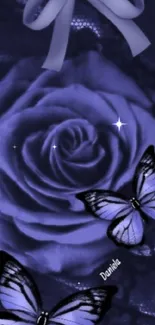 Blue rose and butterflies on a mobile wallpaper.