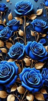 Blue roses with golden leaves wallpaper.