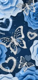 Blue roses and butterflies mobile wallpaper with a sparkling design.