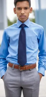 Man in blue shirt and tie with grey pants.