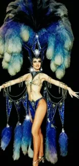 Glamorous showgirl in feathered blue costume against dark background.