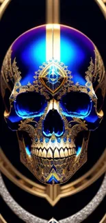 Elegant mobile wallpaper with blue skull and gold details.