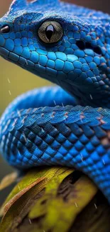 Elegant blue snake coiled on a branch, showcasing detailed scales.