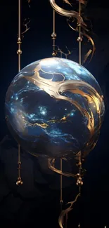 A mystical blue sphere with elegant golden accents on a dark background.