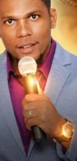 Elegant portrait of a man in a blue suit holding a microphone.