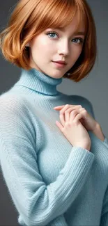 Young woman in a light blue sweater, posing confidently against a neutral background.