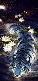 Mystical blue tiger with glowing lilies on a dark water background wallpaper.