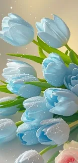 Dew-covered blue tulips in a soft floral arrangement.