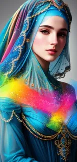 Elegant woman with blue and gold veil, featuring rainbow color accents.