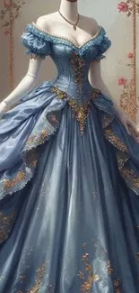 Elegant blue Victorian gown with gold accents in a classic setting.