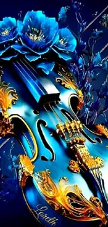 Blue violin with golden accents and vibrant floral decor.