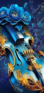 Elegant blue violin with gold details and floral accents on a dark background.