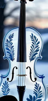 Close-up of an elegant blue violin with intricate patterns.
