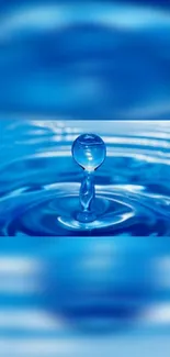 Close-up of a blue water drop, creating ripples in a calm aquatic setting.