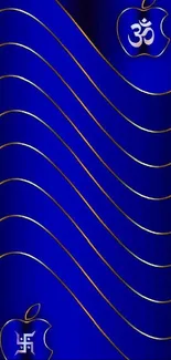 Blue wallpaper with golden waves and spiritual symbols.