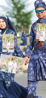 Elegant couple in royal blue traditional wedding attire outdoors.