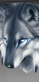 Elegant blue-eyed wolf illustration on a phone wallpaper.