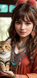 Bohemian girl with cat in vibrant orange attire.