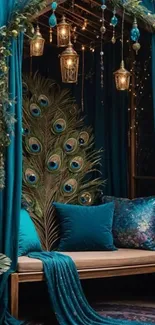 Turquoise bohemian nook with peacock decor