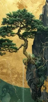 Bonsai tree growing on a cliff with golden background.