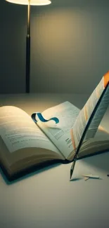 Open book with quill pen under warm lamp lighting on a minimalistic table.