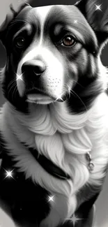 Black and white Border Collie with sparkling stars in a cosmic setting.