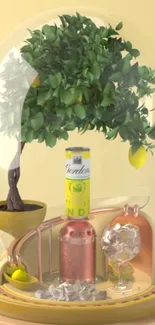 Botanical design with tree, bottle, and lemon under glass dome.